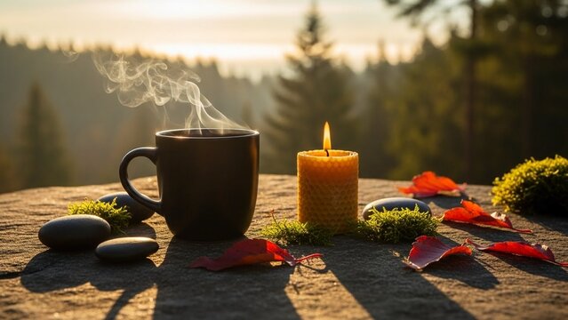 Still life composition featuring steaming coffee mug, lit candle, zen stones, moss, and autumn leaves arranged on a rustic wooden surface, with a blurred forest backdrop at dawn - Powered by Adobe