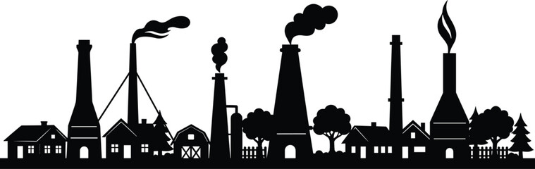 Fototapeta premium Industrial factory silhouette skyline with smokestacks and village buildings illustration representing manufacturing, pollution, industry growth, and urban rural contrast in black and white style