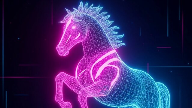 Futuristic neon horse rendered with glowing wireframe lines against dark backdrop, embodying innovative technology and vibrant digital art - Powered by Adobe