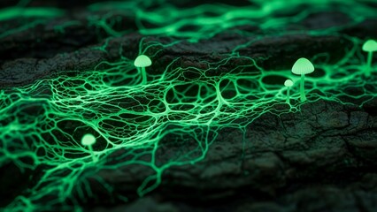 Eerie glowing mushrooms and interconnected root web on blurred bark create a captivating glowing fungal landscape, perfect for a fantasy themed illustration