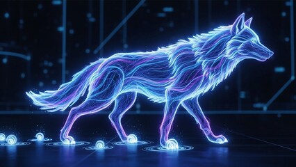 Neon graphic wolf prowls across a futuristic dark landscape creating a tech infused animal illustration, glowing with sharp detail