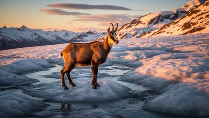Captivating chamois stands majestically amongst the snow capped mountains during golden hour, its fur illuminated by soft light against a stunning mountainous winter landscape