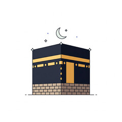 Stylized illustration of the Kaaba, the sacred cubic building in Mecca, with a crescent moon and stars above, representing Islamic pilgrimage and worship.