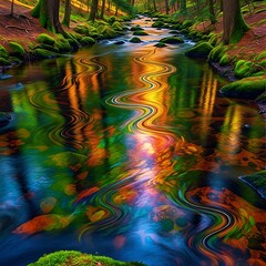 A vibrant flowing stream meanders through a sun-dappled forest, reflecting fall colors and lush greenery