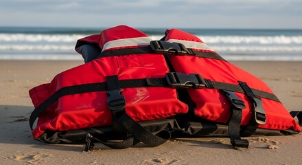 A vibrant, folded safety device rests on a sandy beach, with gentle ocean waves in the background, signaling preparedness