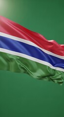 A vibrant, fluttering flag with horizontal stripes of red, blue, green, and white. The emblem billows against a solid green background