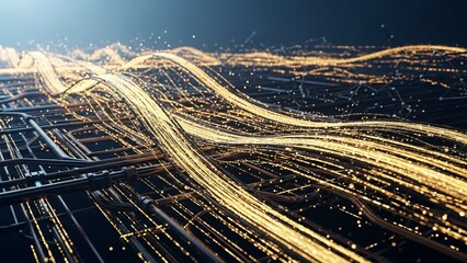 Dramatic abstract background featuring glowing golden paths representing data streams or digital communication on a dark surface with blurred bokeh effects