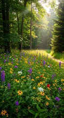 A vibrant forest scene, bathed in sunlight. A path leads through a wildflower meadow. Tall trees stand guard on either side