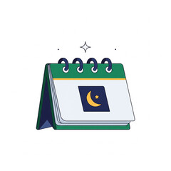 A desk calendar with green covers and spiral binding, displaying a page with a crescent moon and star symbol, indicating night or a special event.