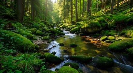 A vibrant forest scene captures a stream meandering through moss-covered rocks and lush green foliage, bathed in sunlight