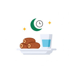 Ramadan Iftar meal with dates and water, crescent moon and clock icon, symbolizing breaking fast.