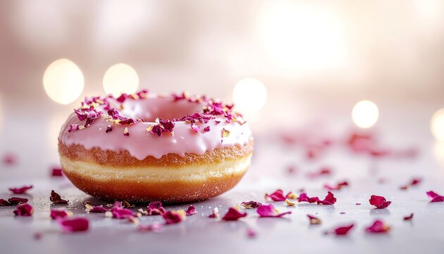 A delicious pink donut with sprinkles and rose petals - Powered by Adobe