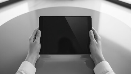 Hands holding tablet with dark screen on a round surface with bright reflections in black and white, showcasing modern technology and user interface