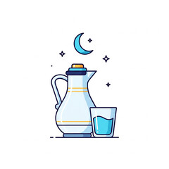 A cartoon illustration of a white pitcher and a glass of water under a crescent moon and stars, depicting a night drink or Ramadan theme.