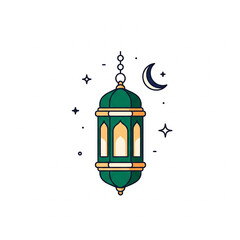 Stylized green and gold traditional Islamic lantern illustration with crescent moon and stars on a white background, symbolizing Ramadan or Eid celebrations.
