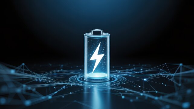 Futuristic digital battery with lightning bolt charging icon on glowing blue network background