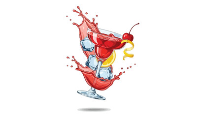 Energetic red cocktail explosion with ice, cherry, and lemon zest creating a refreshing visual delight