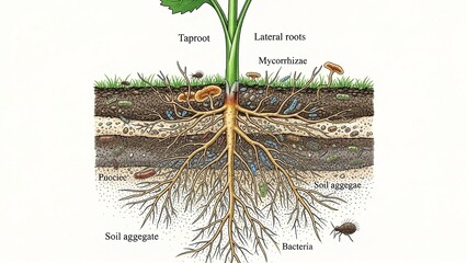 Illustrated plant showing taproot and lateral roots, mycorrhizae, fungus, proocie, soil aggregate, and bacteria within the different soil layers