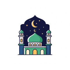 A charming cartoon illustration of a mosque with a green dome and two minarets under a starry night sky with a crescent moon, symbolizing Islamic culture and celebration.