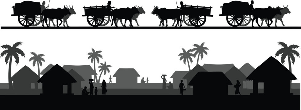 Rural village silhouette with bullock carts, traditional countryside life, ox driven carts, palm trees, people, Indian rural landscape illustration