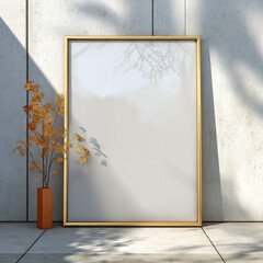 Minimal Poster Frame Mockup with Autumn Plant and Soft Shadows
