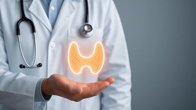 Doctor stethoscope lab coat thyroid hologram medical technology healthcare endocrinology physician caring hand holding glowing thyroid organ to illustrate patient care innovation and diagnosis