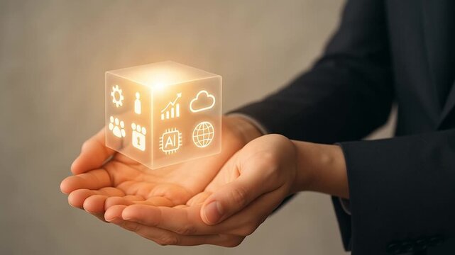 Glowing cube held open in hands symbolizing medical technology innovation teamwork with AI chip, analytics, globe, cloud, network and confident futuristic care