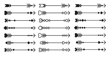 Set of black straight fantasy arrows of various shapes