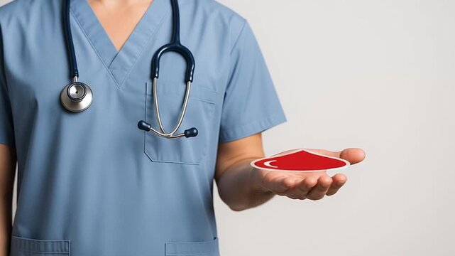 Nurse scrub holding red blood drop icon medical technology promoting donation and care with stethoscope visible offering compassionate support and clinical expertise Medical technology nurse holding