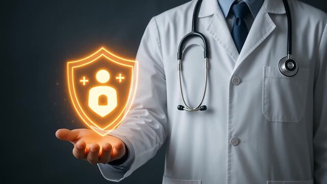 Doctor lab coat holds stethoscope and glowing shield icon representing patient data protection healthcare security and patient privacy protection medical technology and care modern clinical setting