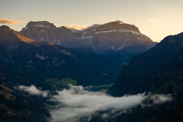 Aerial view of the Dolomites mountains in Italy, dramatic alpine landscape