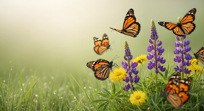 Fototapeta Monarch butterflies flying over and landing on colorful wildflowers in a vibrant, dew-kissed meadow for Spring Equinox concept and natural awakening