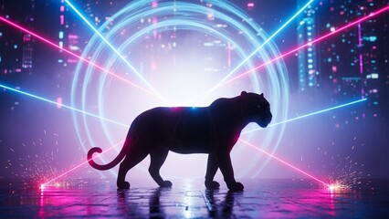 A sleek black panther silhouette strides confidently against a vibrant backdrop of neon lights and futuristic cityscapes, creating a mesmerizing blend of wild nature