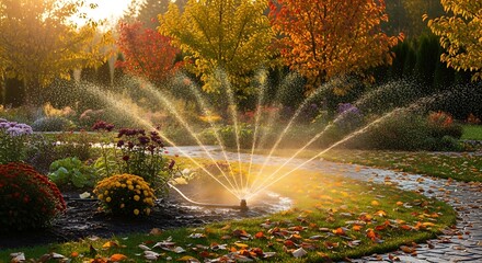 A vibrant garden scene features a sprinkler spraying water with autumn foliage and a stone pathway. Flowers and plants thrive