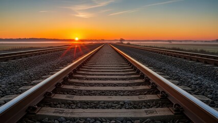 Fototapeta premium Sunrise over railroad tracks with misty field landscape