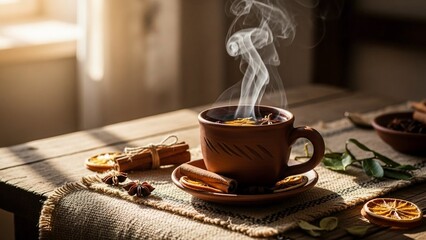 Steaming cup of comforting spiced tea with cinnamon sticks and dried orange slices on rustic wooden table, bathed in soft, warm sunlight, creating a cozy and inviting atmosphere