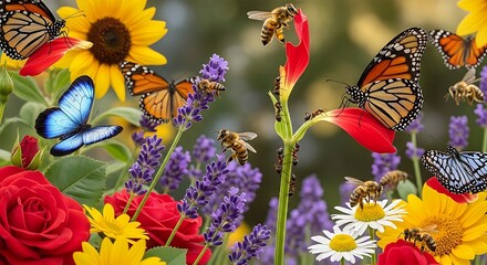 A vibrant garden scene featuring diverse blooms like roses and sunflowers, populated with butterflies and buzzing bees