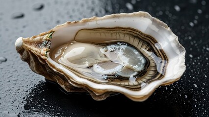 Macro shot of a fresh oyster open shell, showcasing its delicate interior against a dark background, highlighting the texture of the seafood delicacy