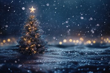 Elegant Winter Wonderland: A stylized Christmas tree shimmers against a dark, ethereal backdrop of sparkling waves and twinkling lights, evoking a sense of calm and ...