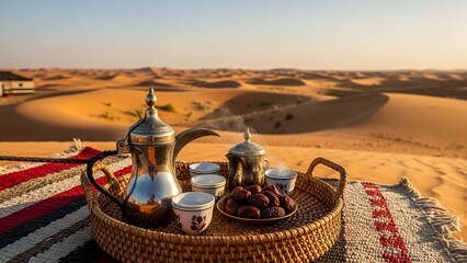 Elegant arabic coffee set with dates on a woven tray, resting on a decorative carpet in the mesmerizing backdrop of a vast, sunlit desert landscape