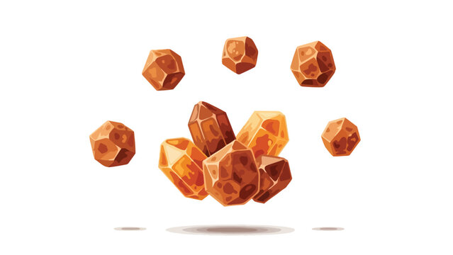 Stylized earth-toned mineral cluster with floating faceted nuggets and crystalline structures representing precious cosmic ore in a bright clean