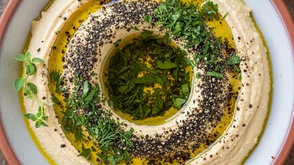 Aerial shot showcases a bowl of creamy hummus meticulously adorned with fresh herbs, olive oil, and sprinkled with a contrasting dark spice blend, creating an appetizing