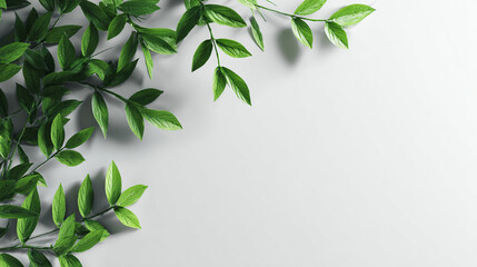 Fresh green leaves extend from thin branches on a clean white background, creating a minimalist and natural botanical composition. 