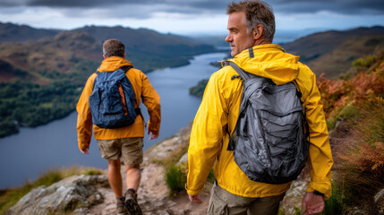 Gay couple hiking adventure: exploring majestic cliff edges and scenic natural views