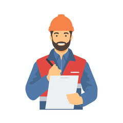 Flat Vector Illustration of Factory Supervisor Holding Clipboard Wearing Safety Helmet