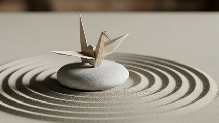 Minimalist composition features paper crane on smooth stone amidst raked sand circles, symbolizing zen balance and tranquility, captured in neutral tones and soft, diffused light
