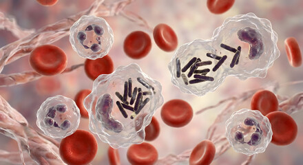 Microscopic view of white blood cells and bacteria