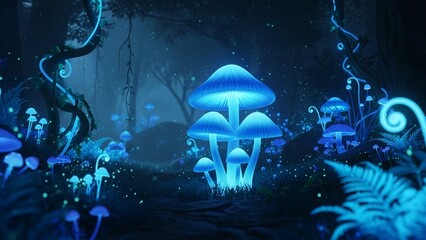 Enchanted forest with bioluminescent blue mushrooms illuminated in the dark, fern leaves outlining the scene, creating a whimsical and magical ambiance