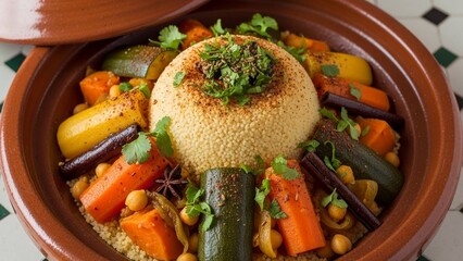 Overhead shot showcases a flavorful vegetable tagine with carrots, zucchini, couscous, plus aromatic spices and fresh herbs plated in a ceramic tagine on checkered tile