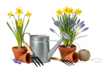 Spring gardening still life with daffodils, muscari flowers, watering can, and garden tools, isolated on transparent background